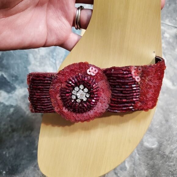 Vintage 90s y2k Wood Floral Beaded Satin Block Heel Slide Sandals 8 - Picture 5 of 8